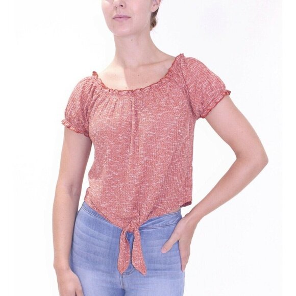 Crave Fame Juniors' Puff-Sleeve Off Shoulder Tie-Front Top Size m - Picture 1 of 2